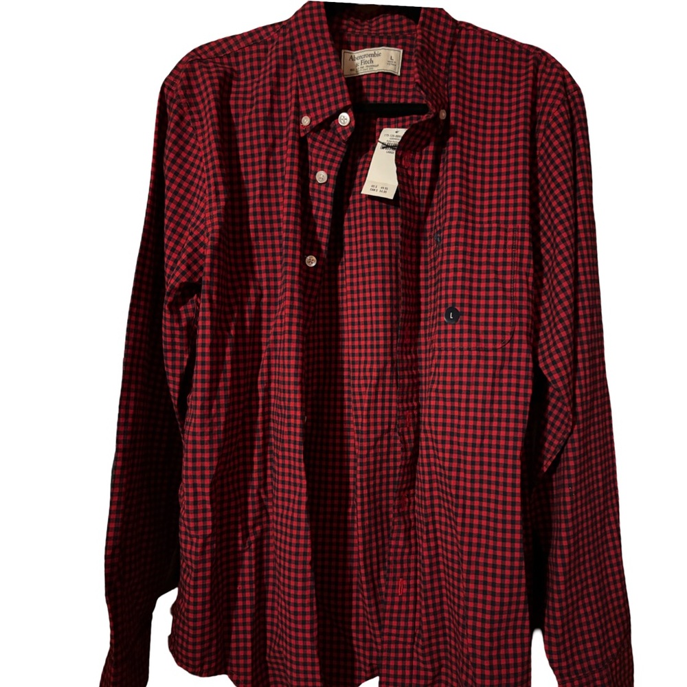NWT ABERCROMBIE & FITCH BUTTON-DOWN Men’s LARGE LONG SLEEVE CHECKED RED/NAVY